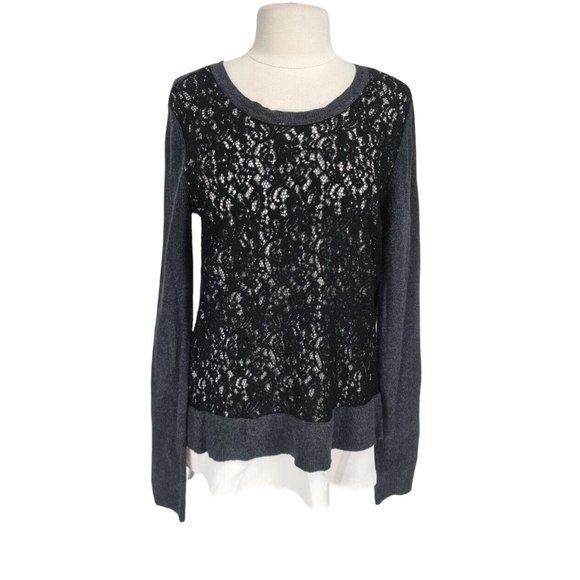 SIMPLY VERA VERAWANG Women Sz L Black White Floral Lace Basic Tunic Blouse  270P - Picture 1 of 5